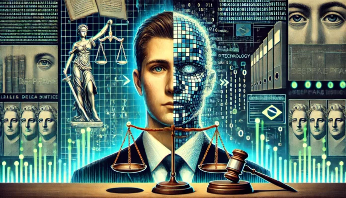 DALL·E 2025-01-14 08.32.58 - A conceptual illustration for a journalistic article about deepfake technology and its legal impacts in Brazil and worldwide. The image features a spl